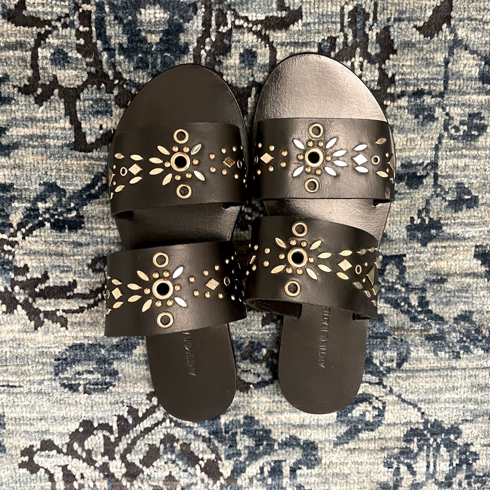 Sz 38 EU Antik Batik Black Leather Studded Slide Sandals